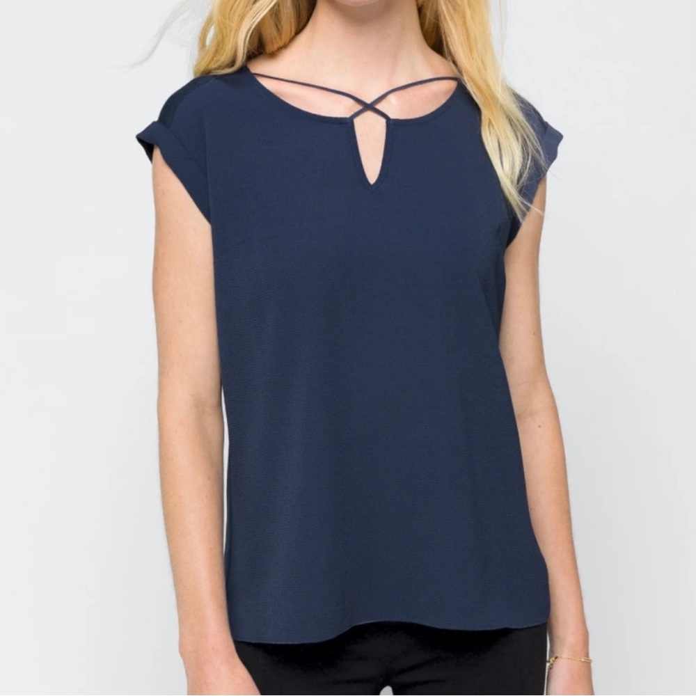 Fortune & Ivy (from Stitch Fix) mixed material navy blue blouse NWT